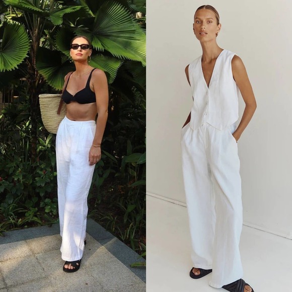 DISSH Pants - Dissh White Linen Norah Wide Leg Trouser Pants